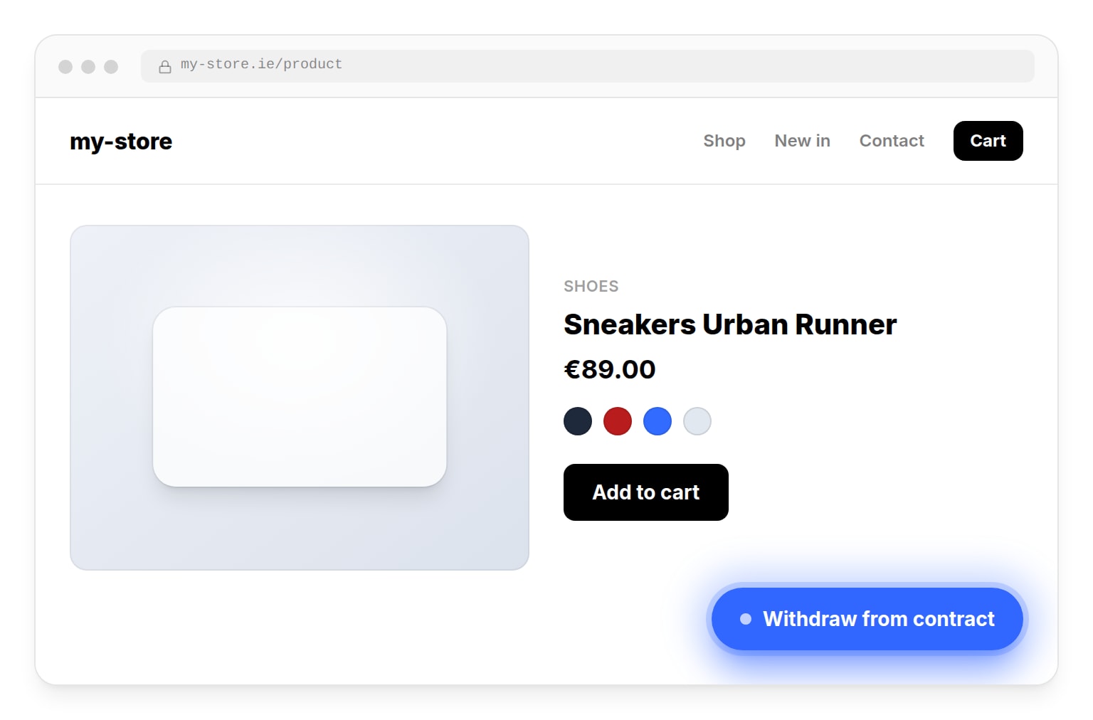 Floating withdrawal button “Withdraw from contract” shown on an e-commerce product page