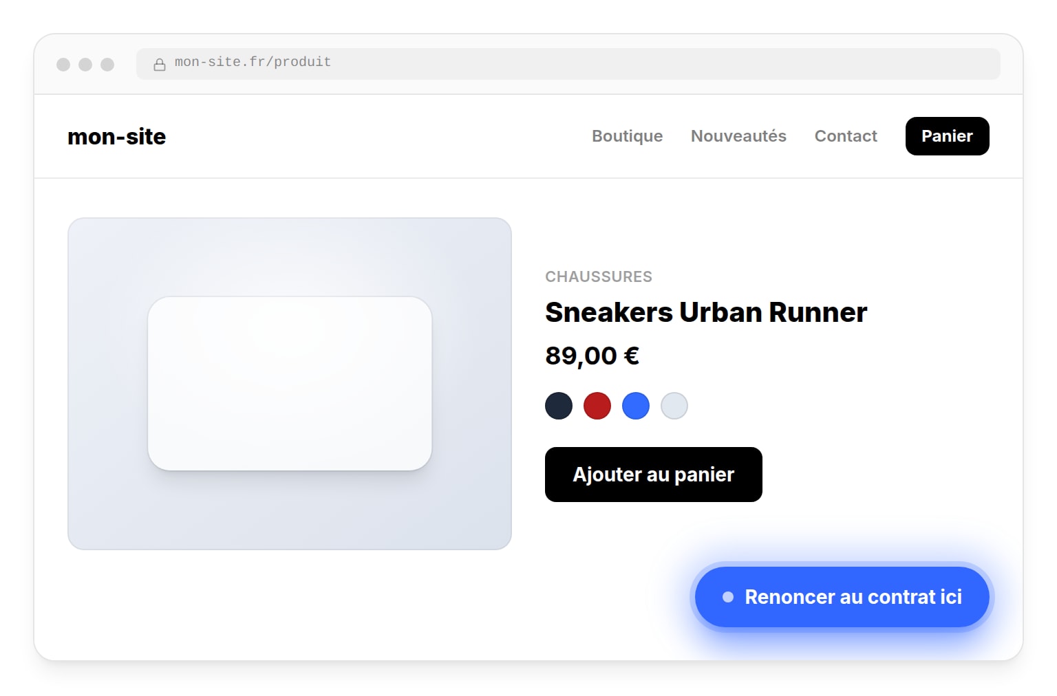 Bouton de rétractation flottant « Renoncer au contrat » affiché sur une page produit e-commerce