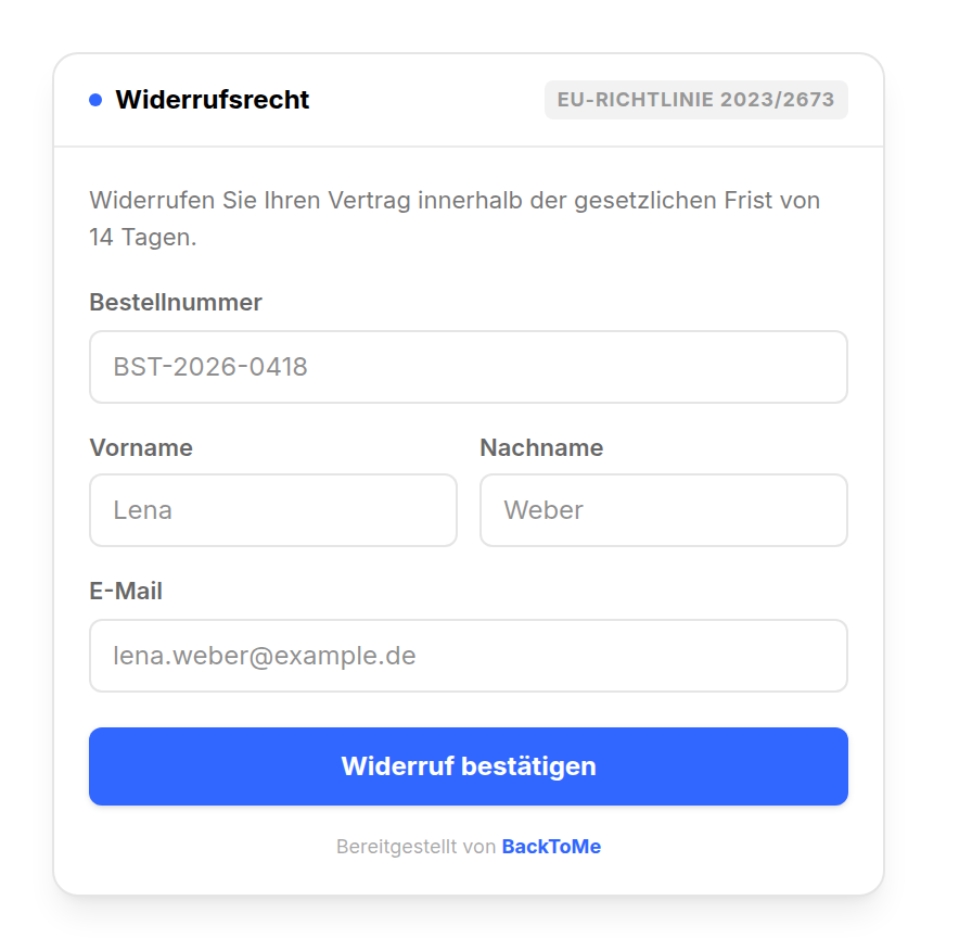 Widerrufsformular: Bestellnummer, Vorname, Nachname, E-Mail, mit dem Button „Meinen Widerruf bestätigen“