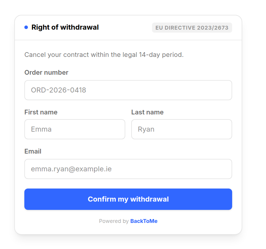 Withdrawal form: order number, first name, last name, email, with the “Confirm my withdrawal” button