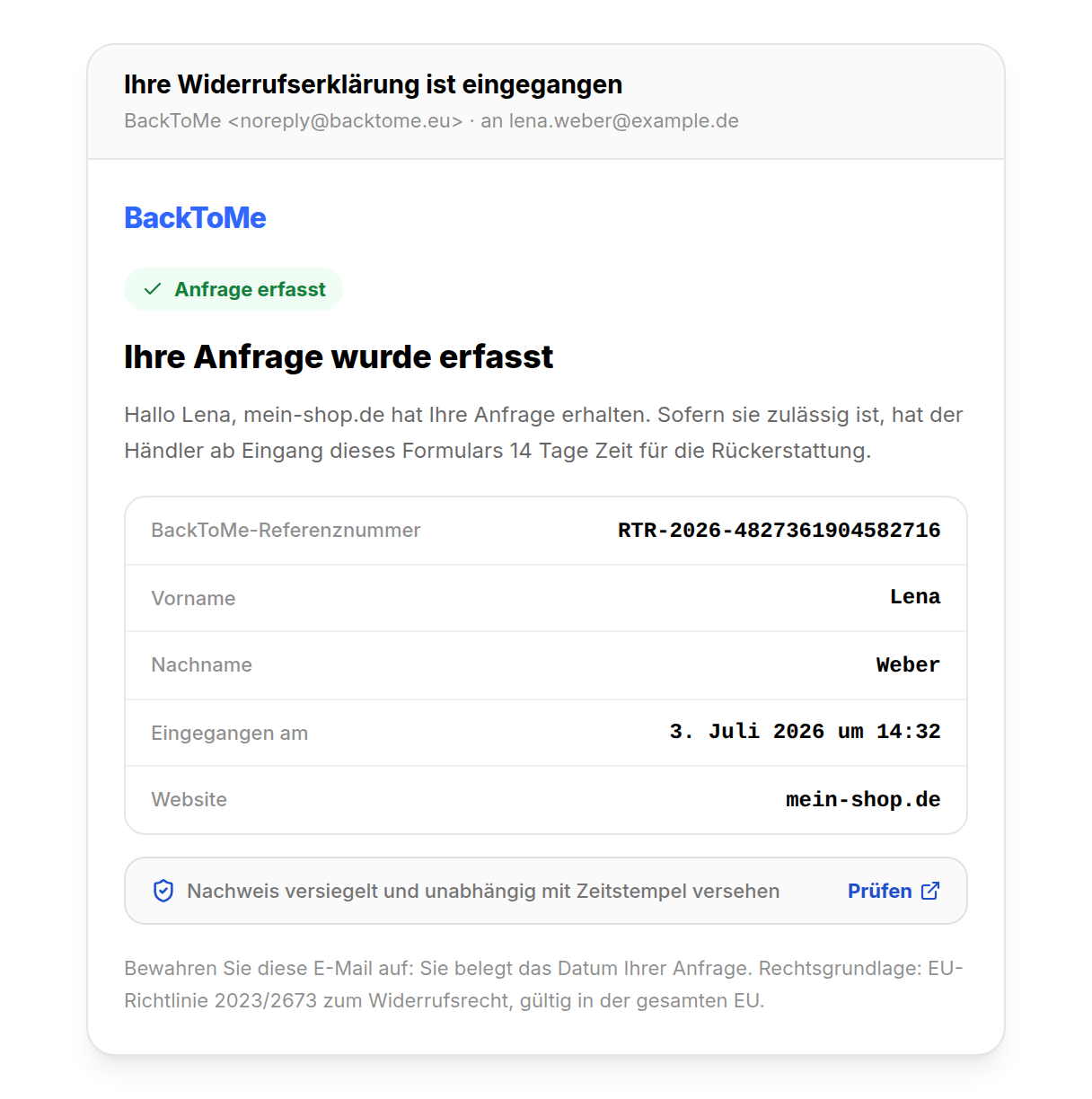 E-Mail mit Empfangsbestätigung des Widerrufs, datierter Nachweis, den der Verbraucher erhält