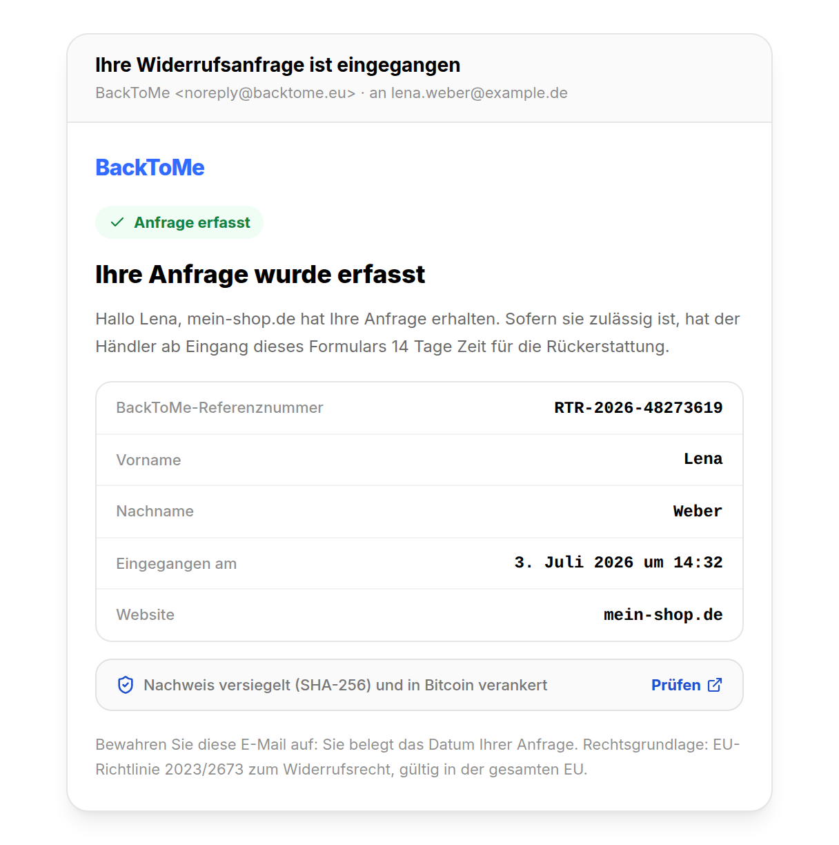 E-Mail mit Empfangsbestätigung des Widerrufs, datierter Nachweis, den der Verbraucher erhält