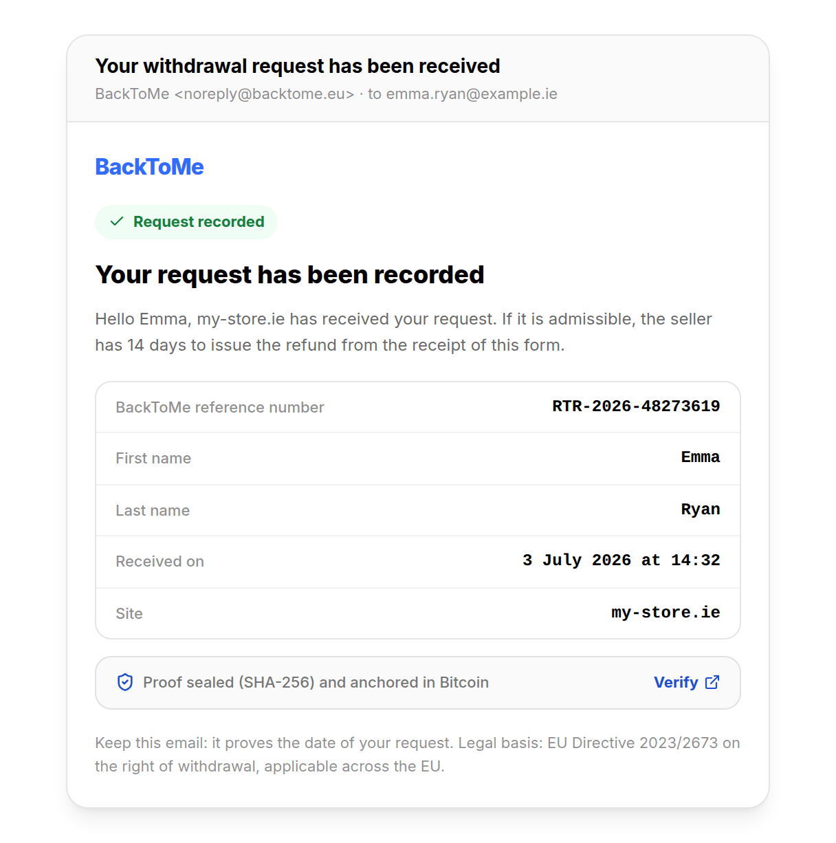 Withdrawal acknowledgement-of-receipt email, dated proof received by the consumer