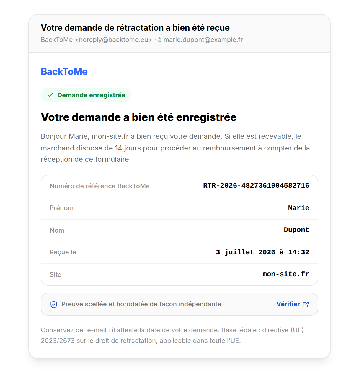 Email d’accusé de réception de rétractation, preuve horodatée reçue par votre client