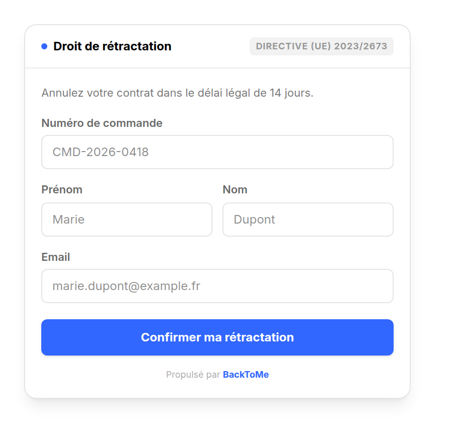 Formulaire de rétractation : numéro de commande, prénom, nom, email, avec le bouton « Confirmer ma rétractation »