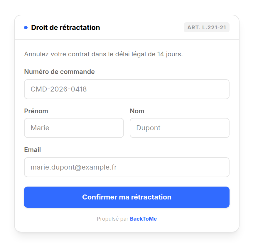 Formulaire de rétractation : numéro de commande, prénom, nom, email, avec le bouton « Confirmer ma rétractation »