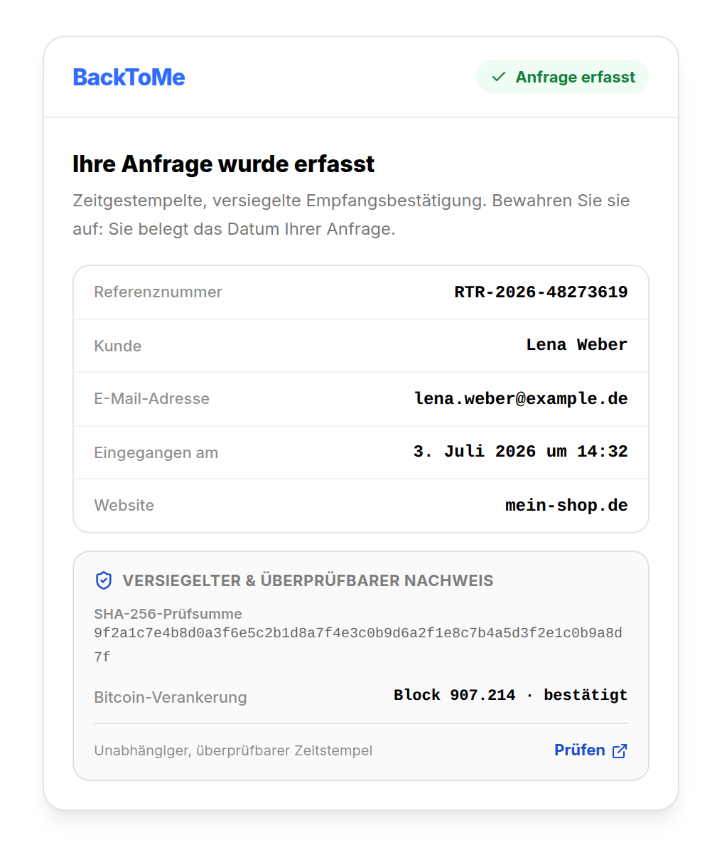 Datierte und nachträglich unveränderbare Empfangsbestätigung eines Widerrufs, erstellt von BackToMe