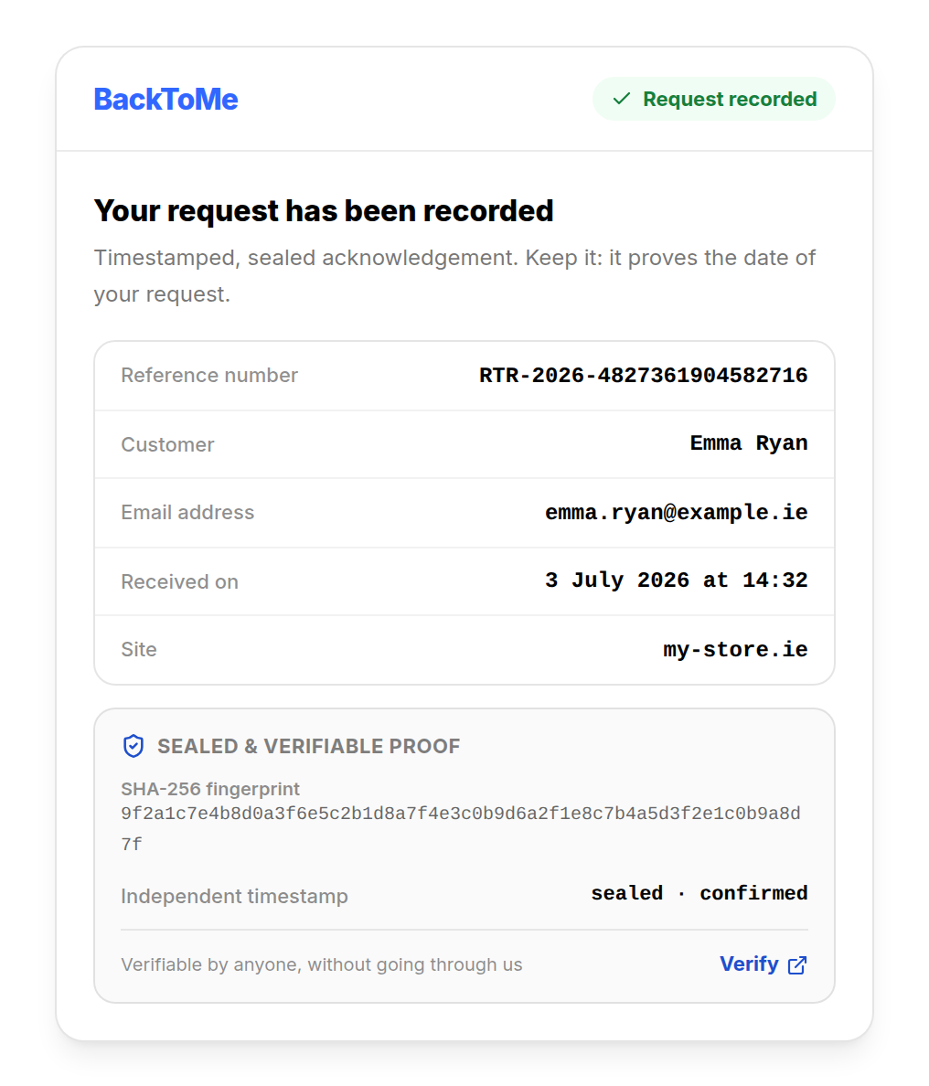 Dated withdrawal acknowledgement of receipt with reference number and locked content