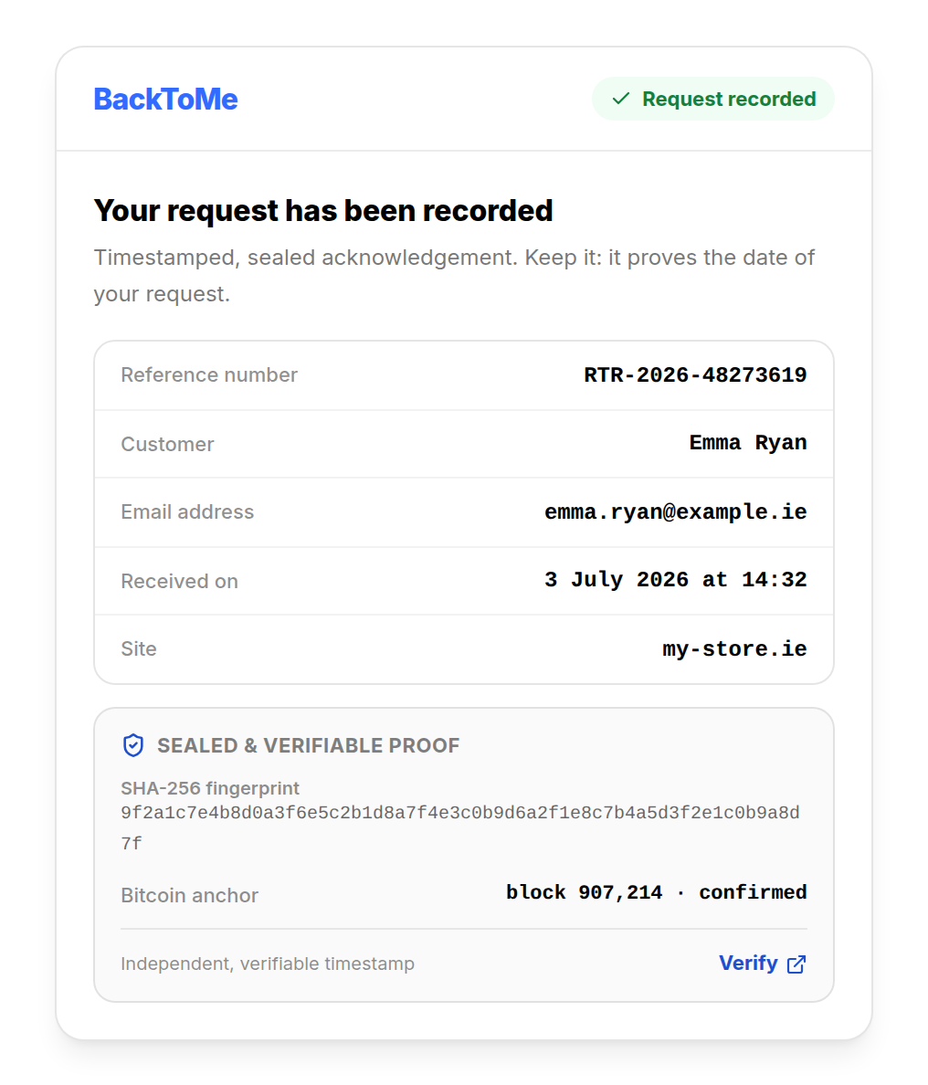 Dated withdrawal acknowledgement of receipt with reference number and locked content