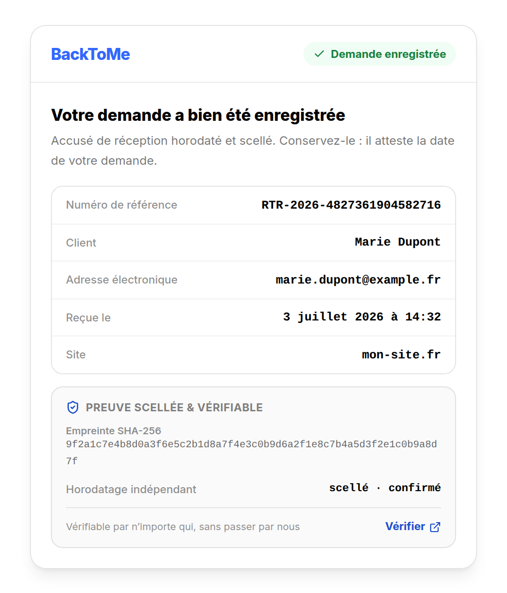 Accusé de réception de rétractation daté avec numéro de référence et contenu verrouillé