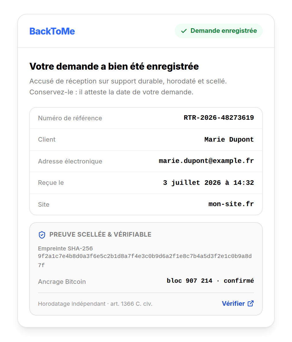 Accusé de réception de rétractation horodaté avec empreinte SHA-256, à valeur probante (art. 1366 C. civ.)