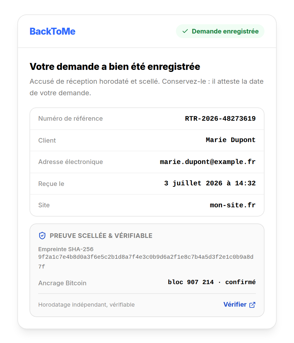 Accusé de réception de rétractation horodaté avec empreinte SHA-256, à valeur probante (art. 1366 C. civ.)